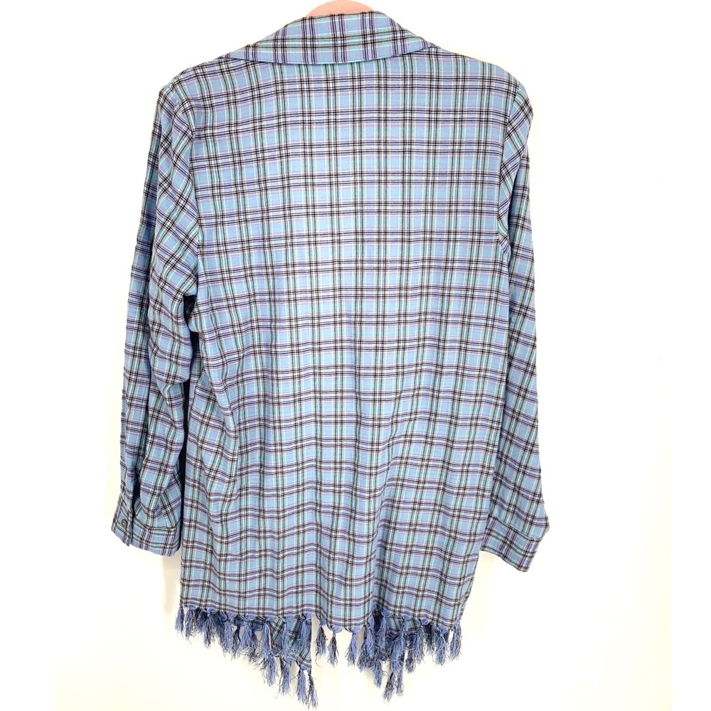 Umgee Womens Large Plaid Fringe Hem Open Front Cardigan Blue Purple Boho Layer - Picture 3 of 6